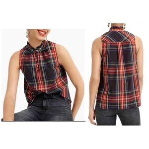 J. Crew Stewart Tartan Plaid Ruffle Collar Sleeveless Blouse Sz 2 NWT Red Black